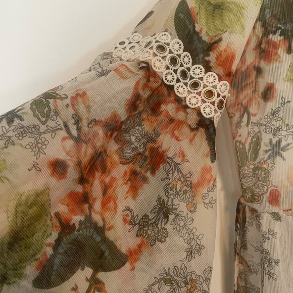 Alberto Makali Floral Sheer Long Dress Lace Trim Bell Sleeves Peasant Boho M - Picture 8 of 16